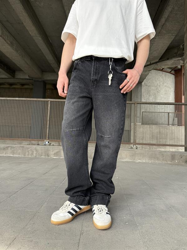 Baggy Fit Ayarlanabilir Bel Ve Paça Detaylı Jean - Siyah