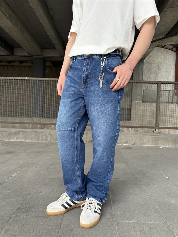 Baggy Fit Ayarlanabilir Bel Ve Paça Detaylı Jean - Mavi