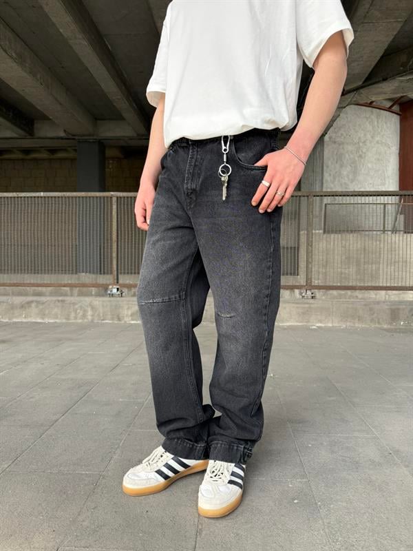 Baggy Fit Ayarlanabilir Bel Ve Paça Detaylı Jean - Siyah