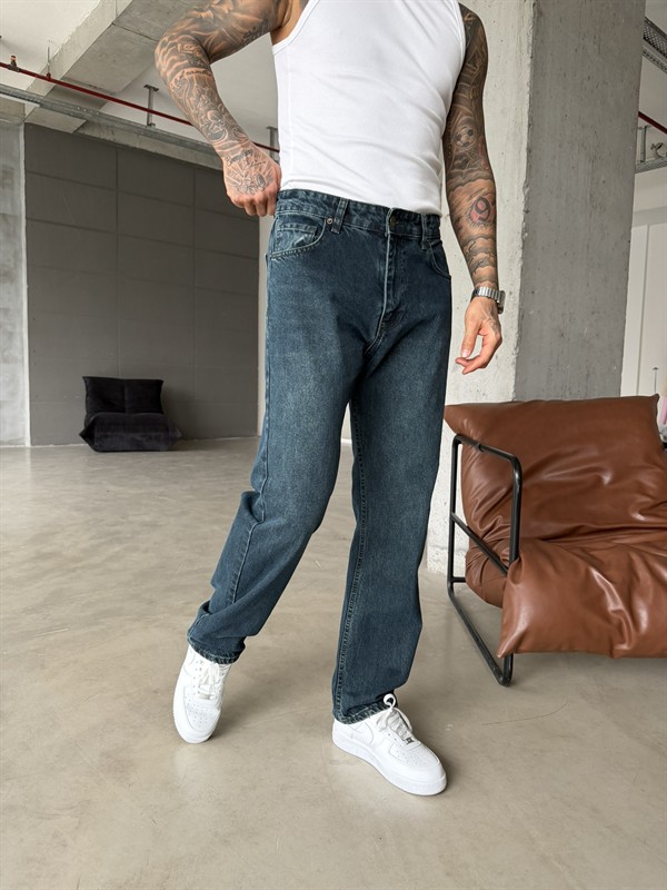 Baggy Fit Eskitme Yıkamalı Tiltli Pantolon - İndigo
