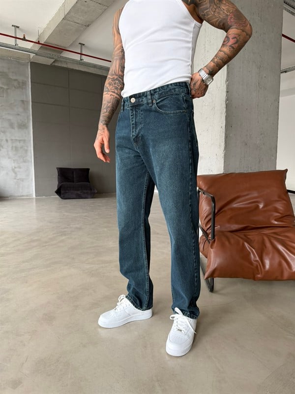 Baggy Fit Eskitme Yıkamalı Tiltli Pantolon - İndigo