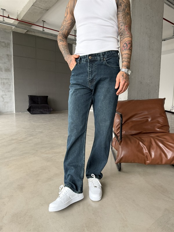 Baggy Fit Eskitme Yıkamalı Tiltli Pantolon - İndigo