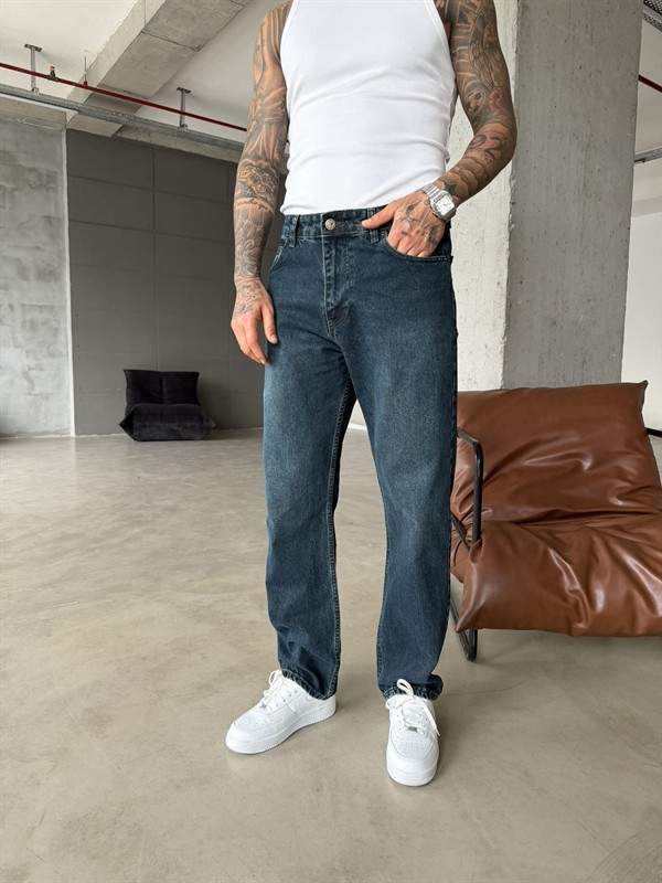 Baggy Fit Eskitme Yıkamalı Tiltli Pantolon - İndigo