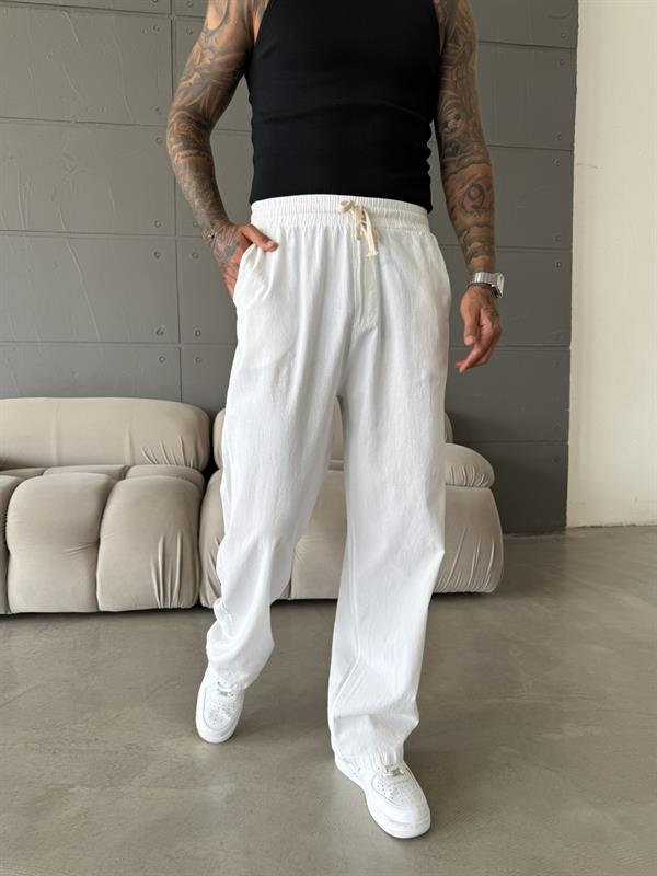 Baggy Fit Keten Pantolon - Beyaz