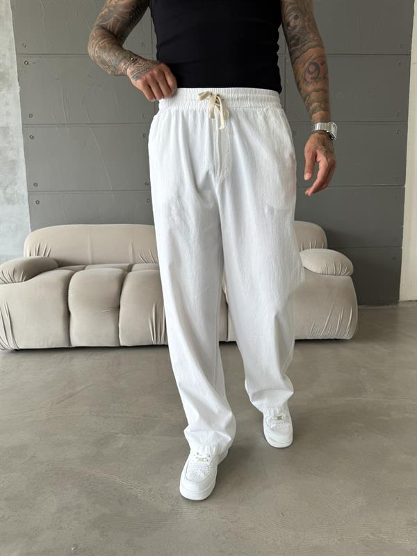 Baggy Fit Keten Pantolon - Beyaz