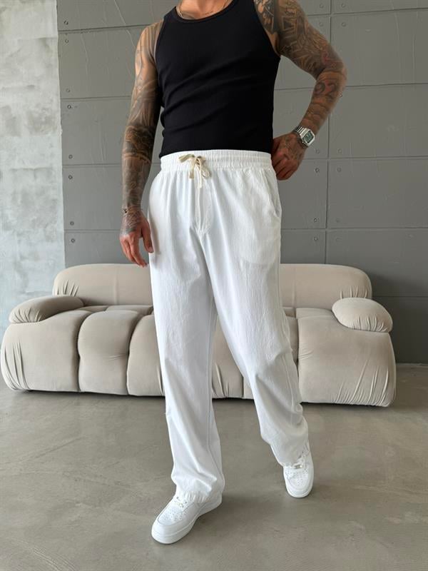 Baggy Fit Keten Pantolon - Beyaz