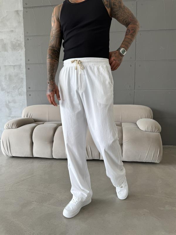 Baggy Fit Keten Pantolon - Beyaz