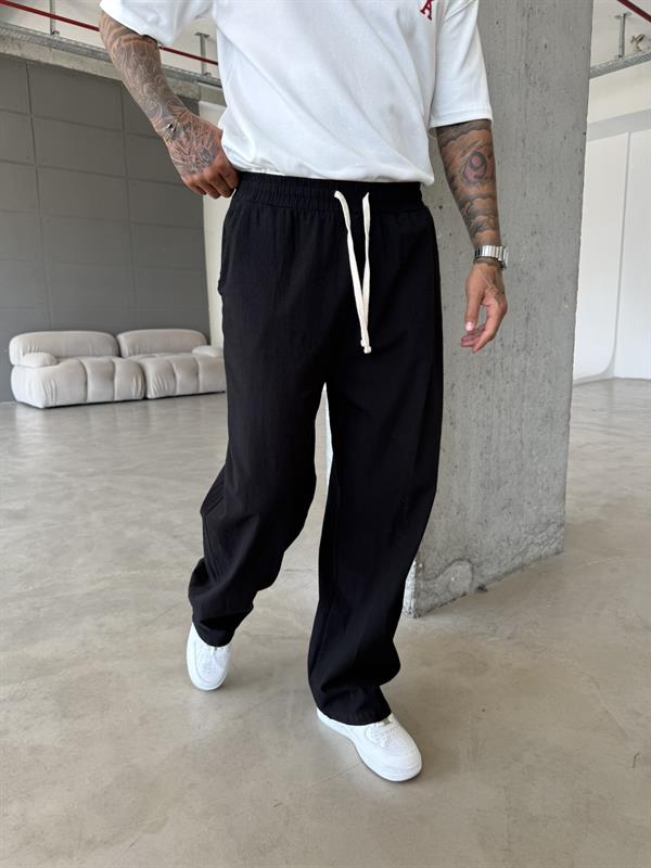 Baggy Fit Keten Pantolon - Siyah