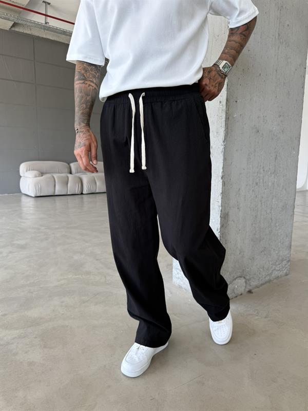 Baggy Fit Keten Pantolon - Siyah