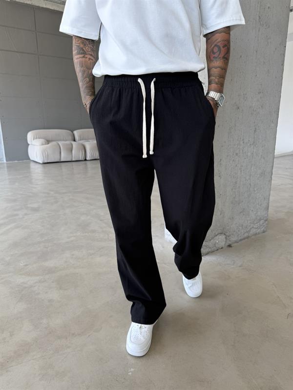 Baggy Fit Keten Pantolon - Siyah