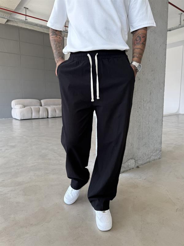 Baggy Fit Keten Pantolon - Siyah