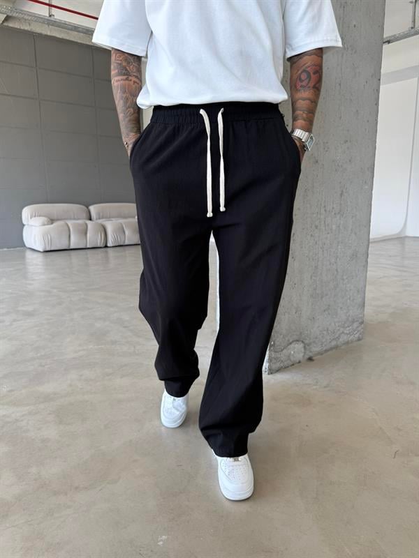 Baggy Fit Keten Pantolon - Siyah