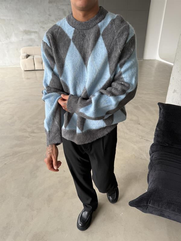 Baklava Desen Triko Kazak - Mavi