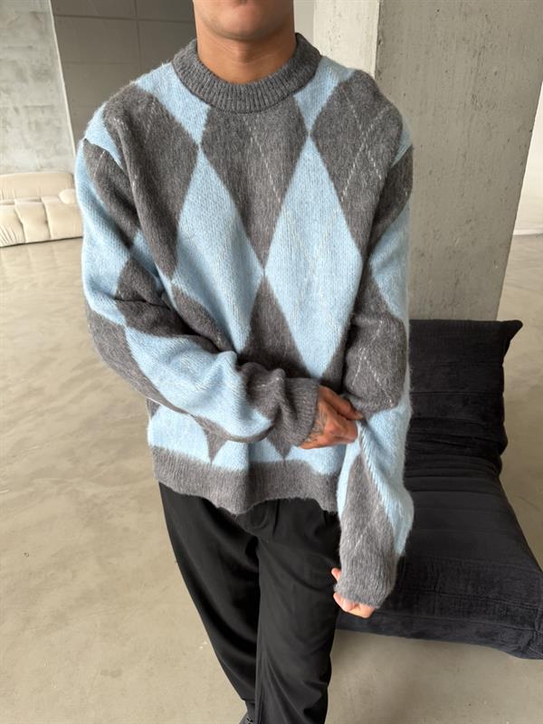 Baklava Desen Triko Kazak - Mavi