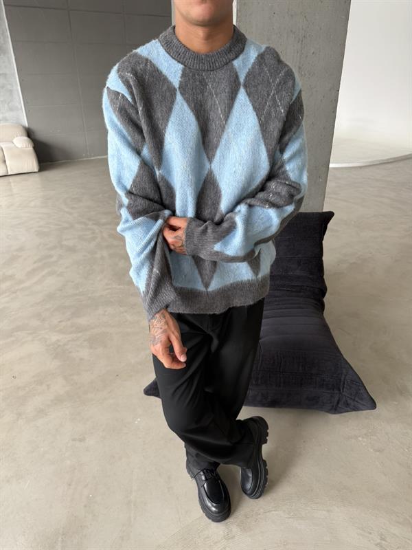 Baklava Desen Triko Kazak - Mavi