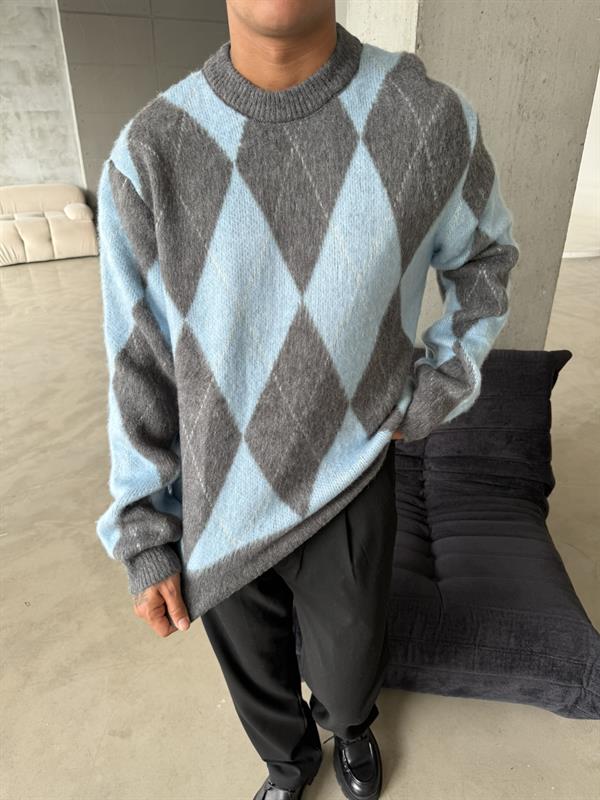 Baklava Desen Triko Kazak - Mavi