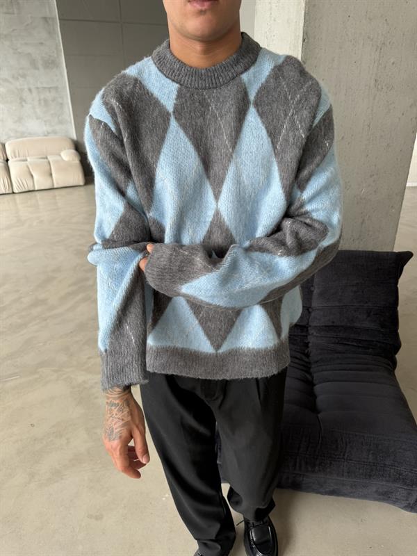 Baklava Desen Triko Kazak - Mavi