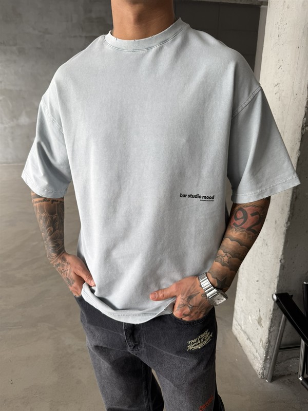 Bar Studio Acid Yıkamalı T-Shirt - Gri