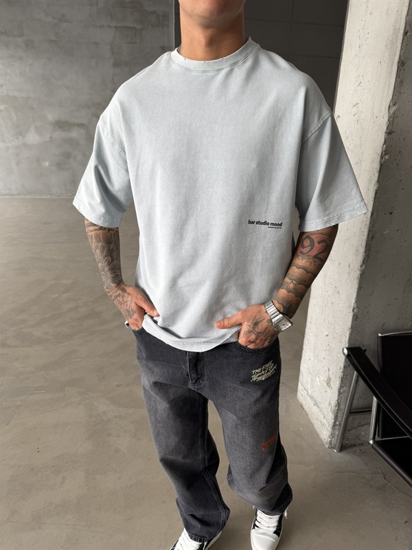 Bar Studio Acid Yıkamalı T-Shirt - Gri