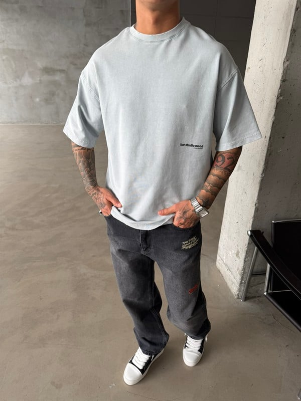 Bar Studio Acid Yıkamalı T-Shirt - Gri