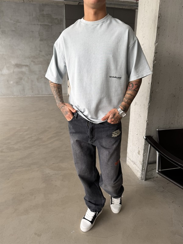 Bar Studio Acid Yıkamalı T-Shirt - Gri