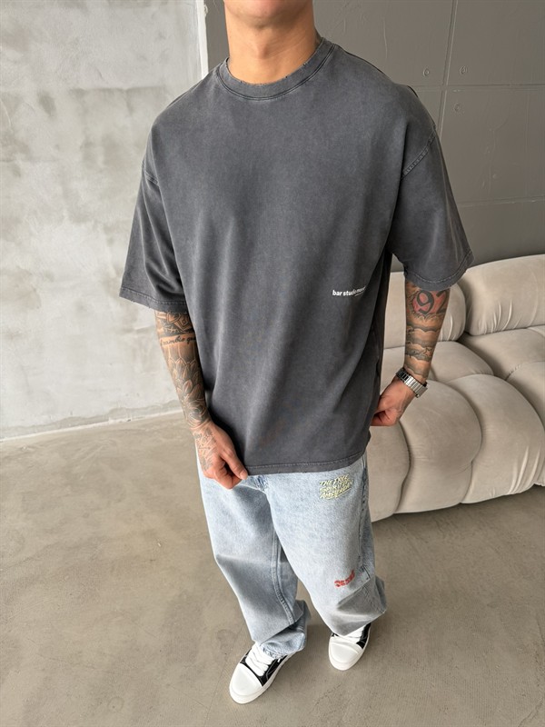 Bar Studio Acid Yıkamalı T-Shirt - Siyah