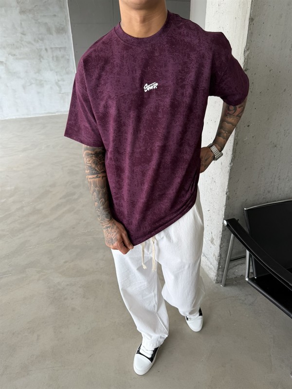 Basic Acid Yıkamalı P&B Nakış T-Shirt - Bordo