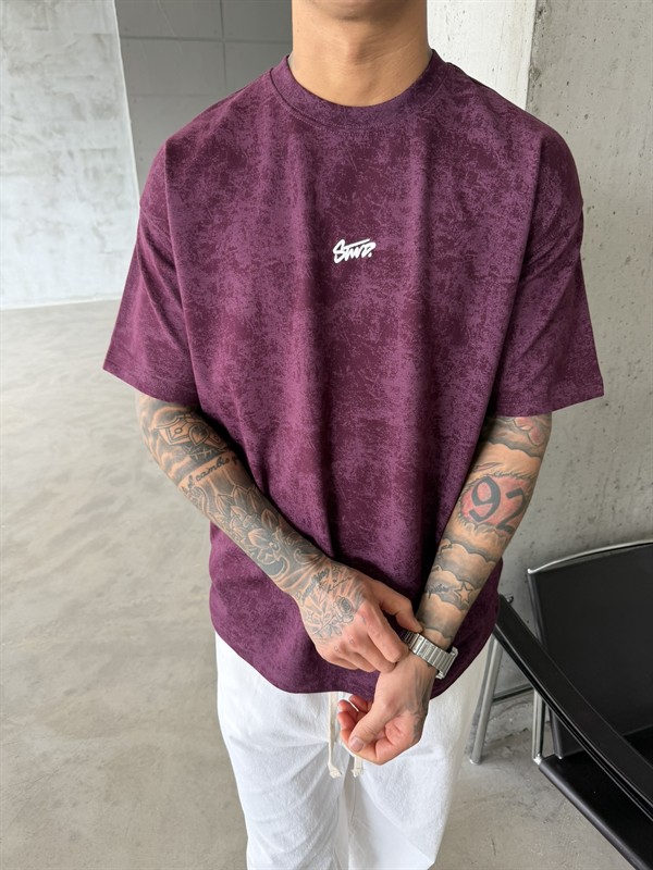 Basic Acid Yıkamalı P&B Nakış T-Shirt - Bordo