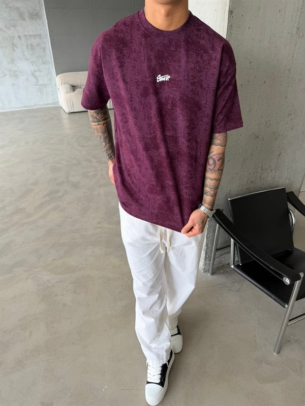 Basic Acid Yıkamalı P&B Nakış T-Shirt - Bordo