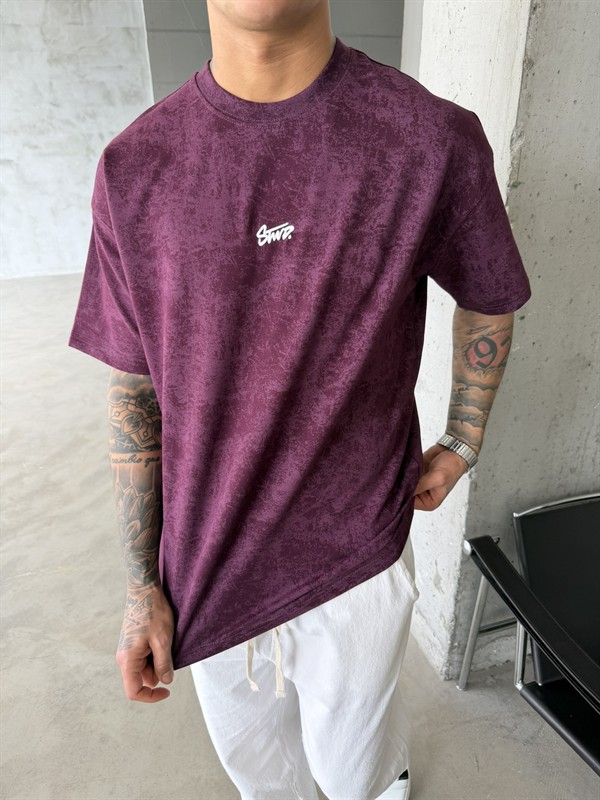 Basic Acid Yıkamalı P&B Nakış T-Shirt - Bordo