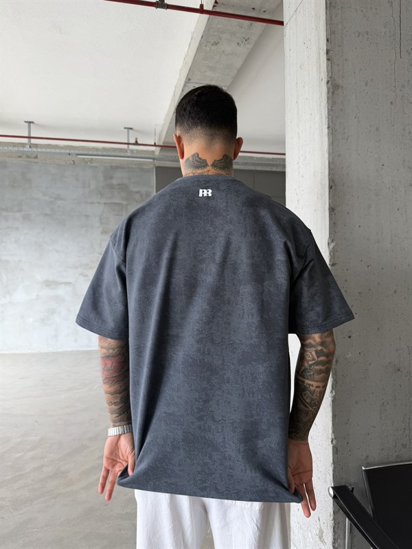 Basic Acid Yıkamalı P&B Nakış T-Shirt - Füme