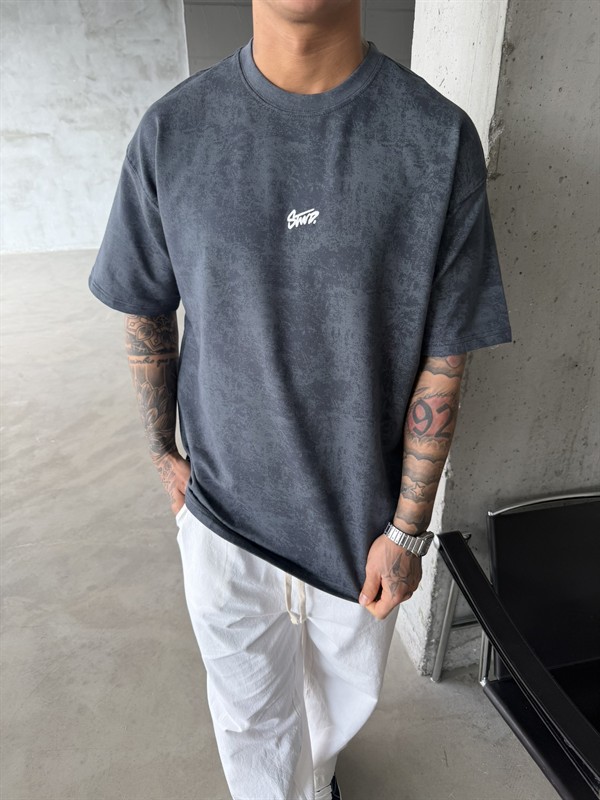 Basic Acid Yıkamalı P&B Nakış T-Shirt - Füme