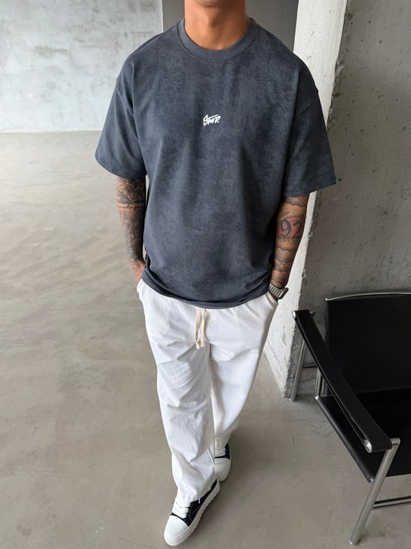 Basic Acid Yıkamalı P&B Nakış T-Shirt - Füme
