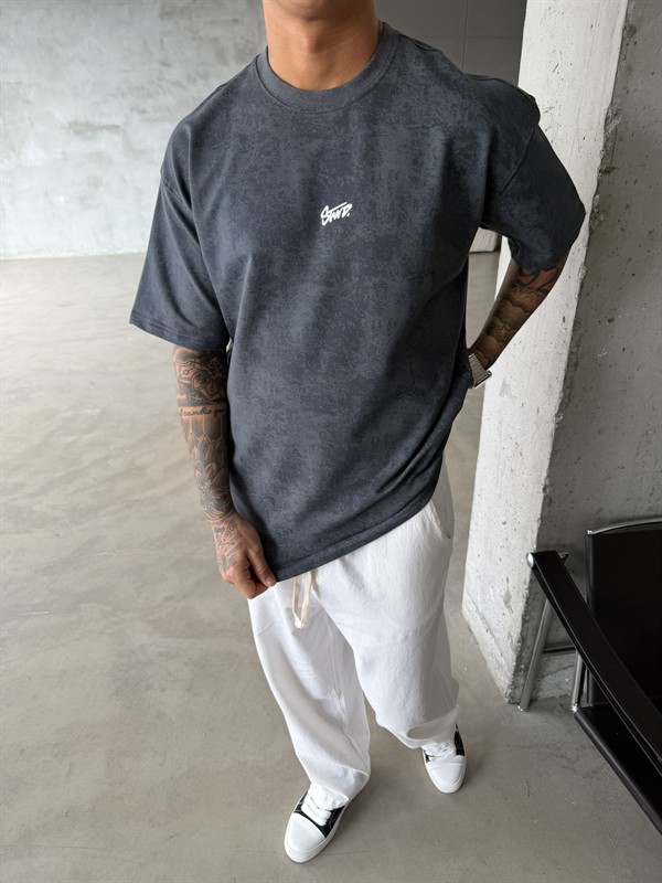 Basic Acid Yıkamalı P&B Nakış T-Shirt - Füme