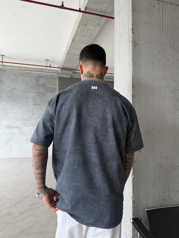 Basic Acid Yıkamalı P&B Nakış T-Shirt - Füme