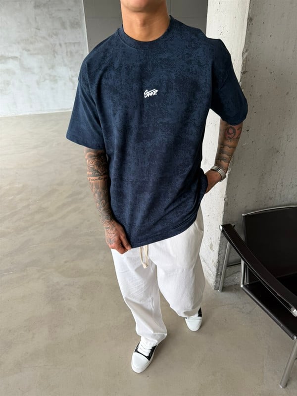 Basic Acid Yıkamalı P&B Nakış T-Shirt - İndigo