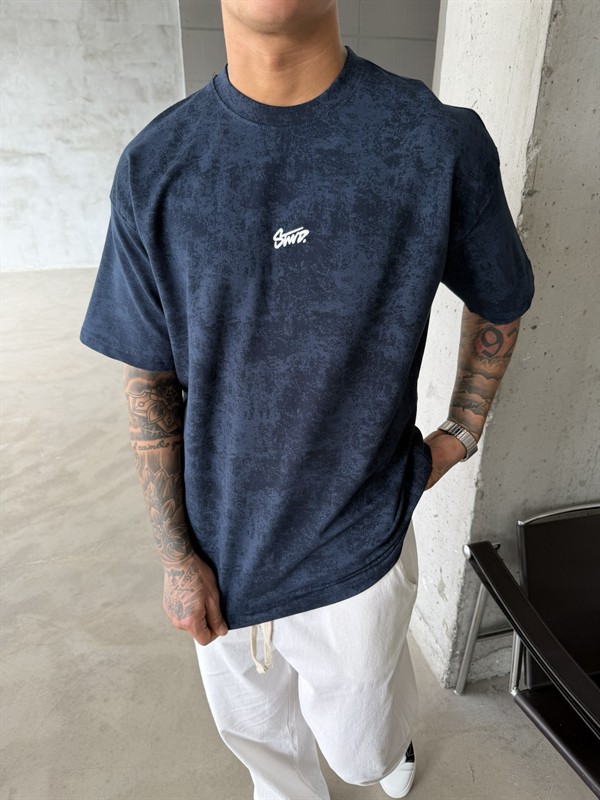 Basic Acid Yıkamalı P&B Nakış T-Shirt - İndigo
