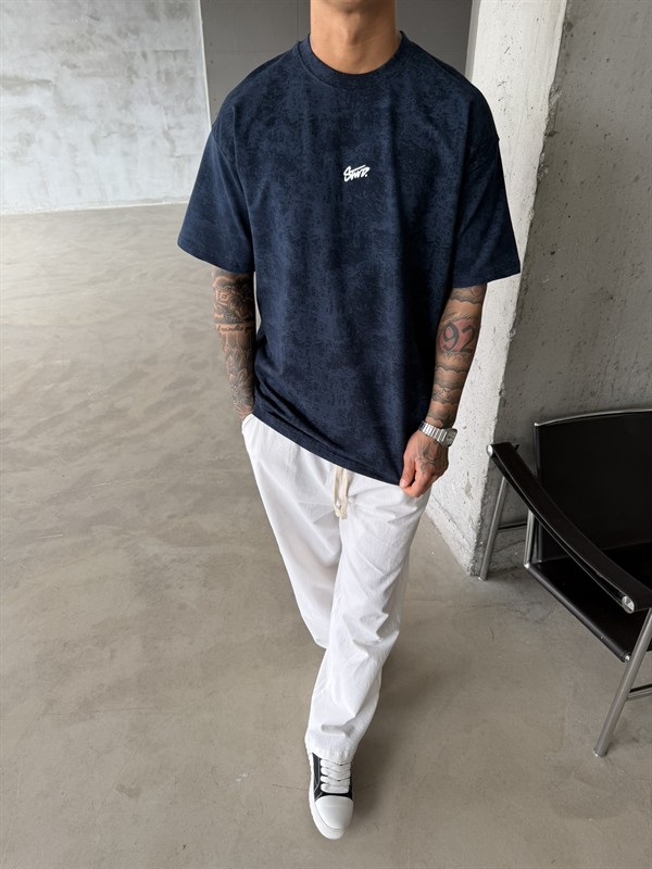 Basic Acid Yıkamalı P&B Nakış T-Shirt - İndigo