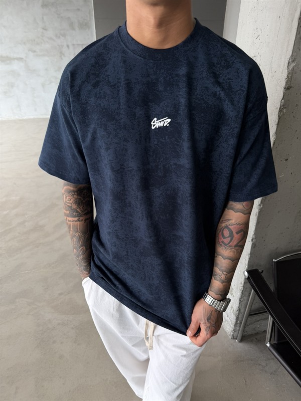 Basic Acid Yıkamalı P&B Nakış T-Shirt - İndigo