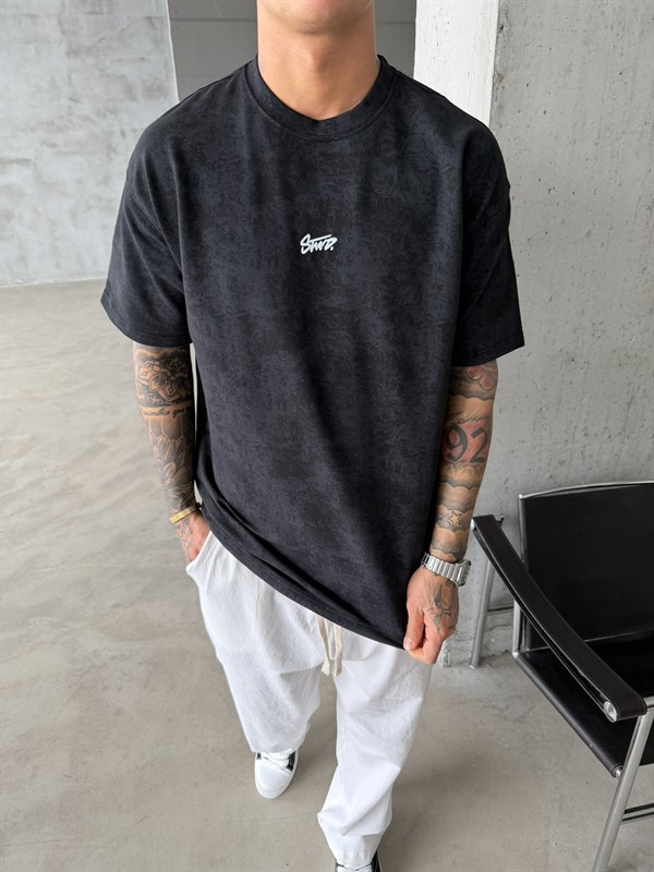 Basic Acid Yıkamalı P&B Nakış T-Shirt - Siyah