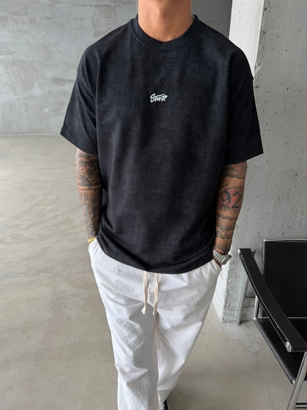 Basic Acid Yıkamalı P&B Nakış T-Shirt - Siyah