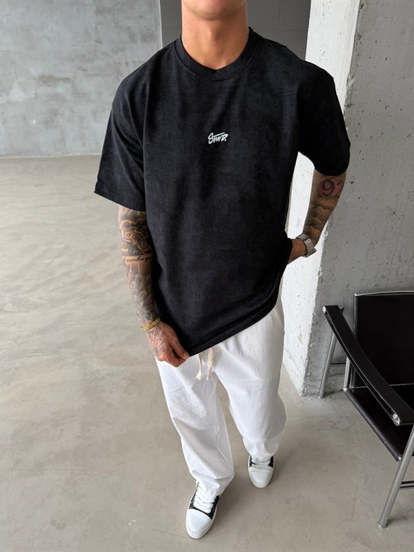 Basic Acid Yıkamalı P&B Nakış T-Shirt - Siyah