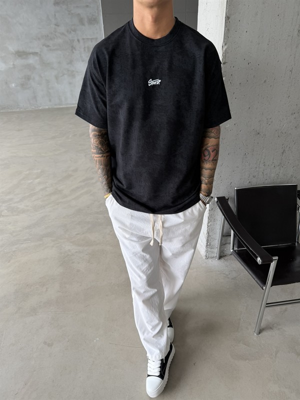 Basic Acid Yıkamalı P&B Nakış T-Shirt - Siyah