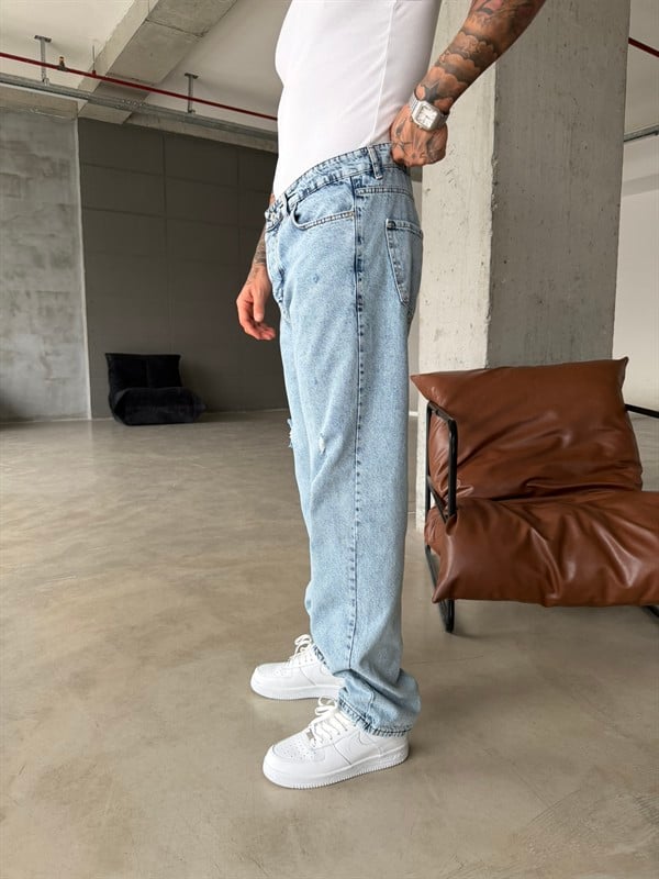 Basic Baggy Fit Yırtık Detay Pantolon - Mavi