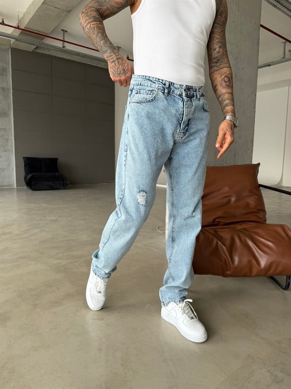 Basic Baggy Fit Yırtık Detay Pantolon - Mavi
