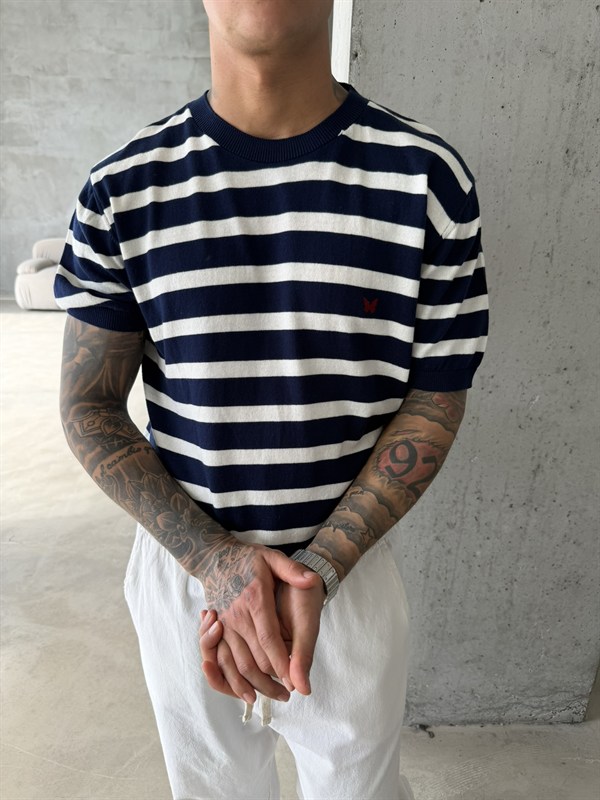 Basic Cizgili Nakışlı Regular T-Shirt - Lacivert