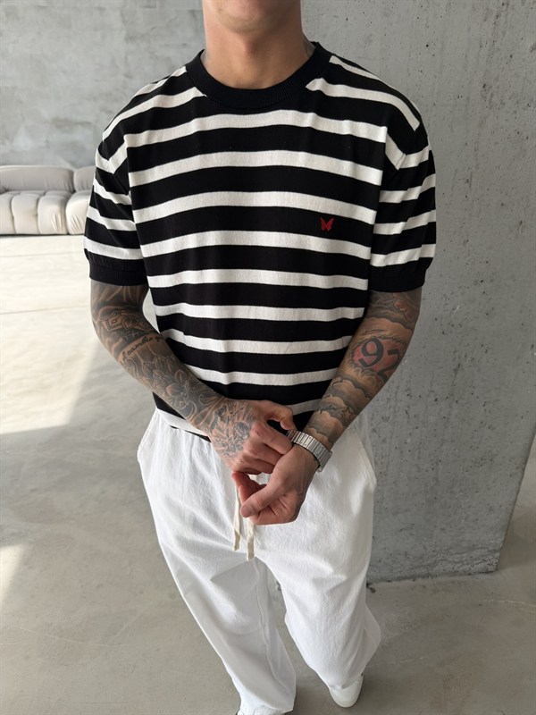 Basic Cizgili Nakışlı Regular T-Shirt - Siyah
