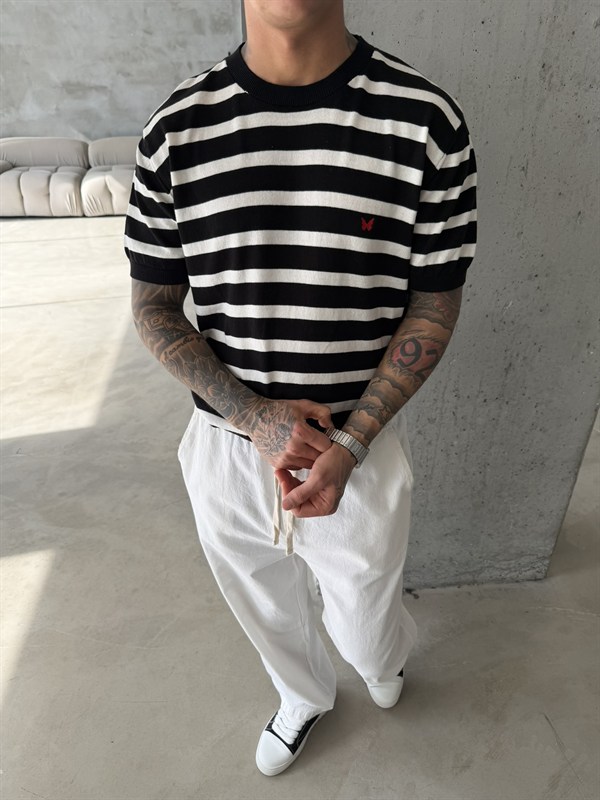 Basic Cizgili Nakışlı Regular T-Shirt - Siyah