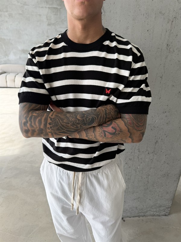 Basic Cizgili Nakışlı Regular T-Shirt - Siyah