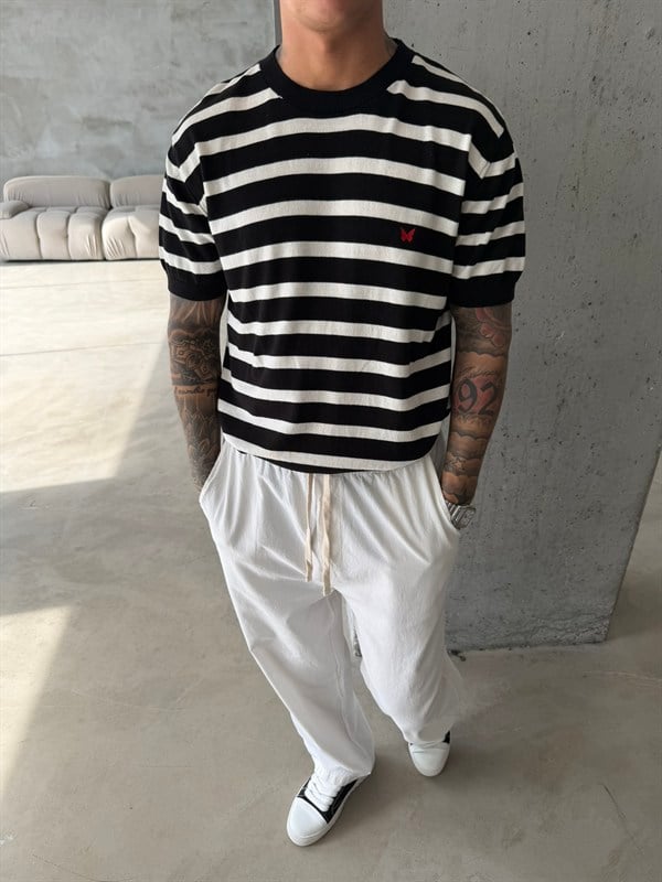 Basic Cizgili Nakışlı Regular T-Shirt - Siyah